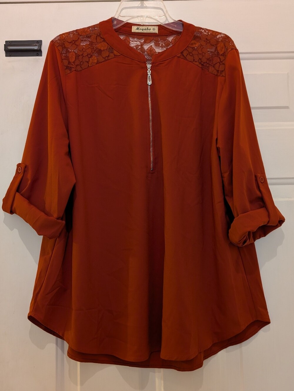 NWOT Moyabo Women's Zip Up Lace Shoulder Burnt Red/Orange Top, Size 2XL